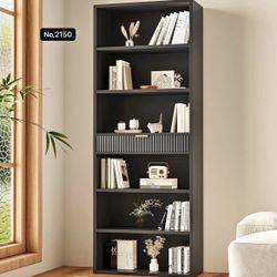 72" Tall Bookshelf with Storage, 7-Tier Bookcase Fluted with Drawer, Display Book Shelf Book Organizer for Bedroom, Living Room and Office, Black
