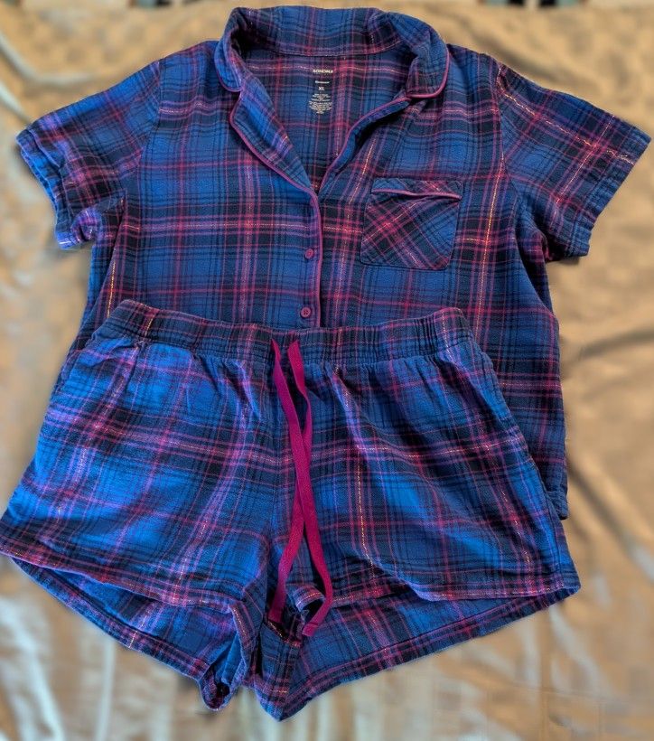 Sonoma Goods For Life Woman's XL Flannel PJ Set Blue & Pink Plaid Short Sleeve