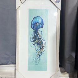 Framed Jellyfish Wall Art – Coastal Beach Decor – Ocean Nautical Blue Print White Frame