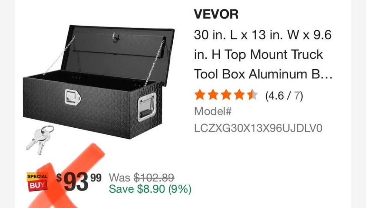 VEVOR 30 in. L x 13 in. W x 9.6 in. H Top Mount Truck Tool Box Aluminum B...