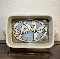 Signed Hage Studio Pottery Serving Dish | Bamboo Leaf Rectangular Ceramic Tray
