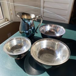 Silver Plate Pitcher And 3 Bowls