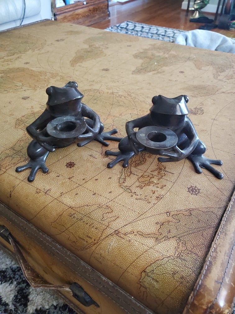 Two 5in X  8in Metal Frog Taper Candle Holders