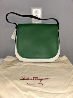 Salvatore Ferragamo Green White Leather Shoulder Bag Authentic Classic Style