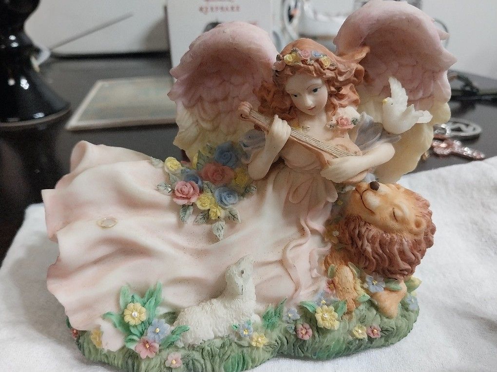 Vintage Angel Figuring With Lion,Plays Tune:( How Great That Are)