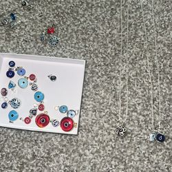 Solid 925 Sterling Silver.  Evil Eye Charms And Necklace 