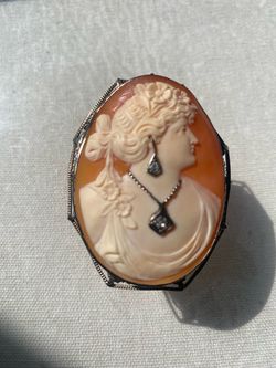 14K White Gold Cameo Habillé Brooch Pendant – Double Diamond Set (Earring & Necklace) c. 1920s