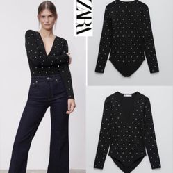 NWT Zara Bodysuit Womens Black V Neck Silver Studded Knit Sz M