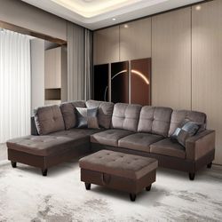 Brown Microfiber Sectional Couch With Ottoman 