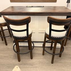 Rustic Root Bar in Aged White and Ashley Valebeck 24.5" Counter Stools with Back in Brown and Black