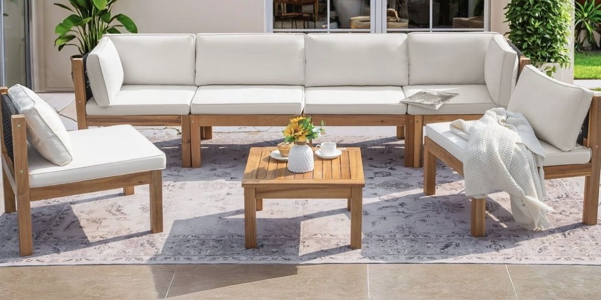 Homall 7 Pieces Patio Conversation Set Acacia Wood Outdoor Furniture Set, White