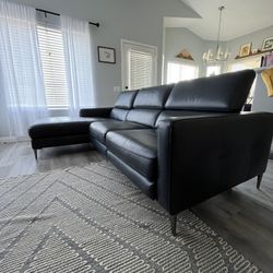 Modern Blue Leather Power Reclining Sofa with Chaise – Adjustable Headrests