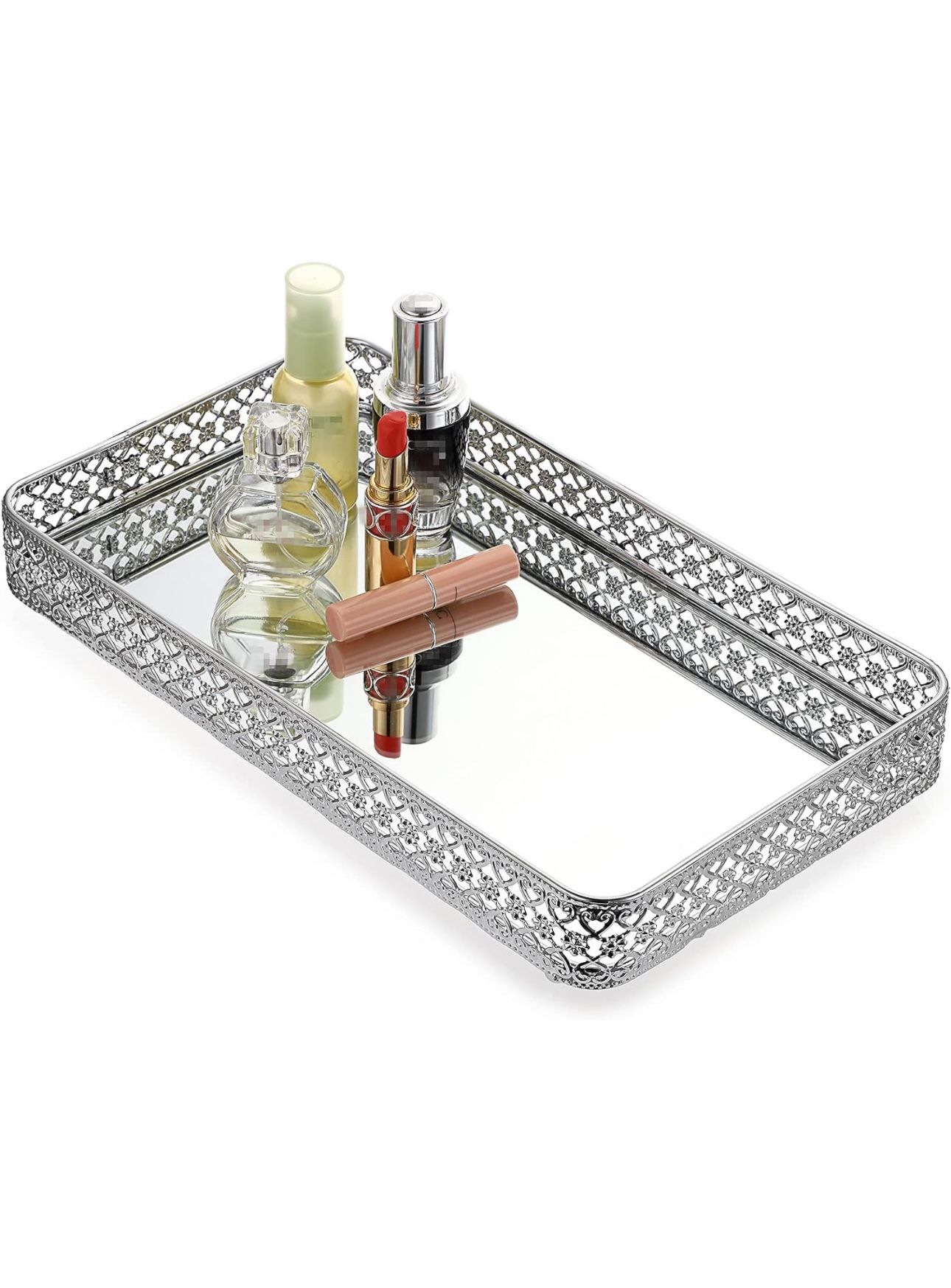 ELLDOO Perfume Tray Mirror Tray Silver Vanity Makeup Hollow-Carved Jewelry Tray Glass Metal Trinket Storage Tray Home Decor Organizer Tray