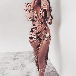 Coffee Deep V neck Dress With Ruched Skirt