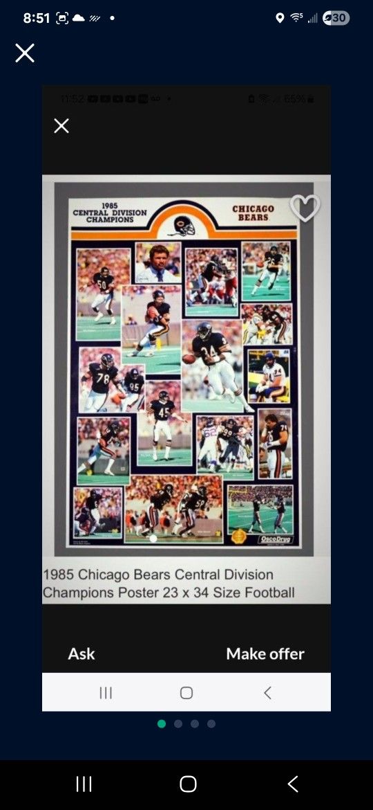 NFL, VINTAGE, CHICAGO BEARS (1985) CENTRAL DIVISION CHAMPION. POSTER 23" W x 34" H, FIRM.