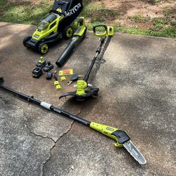 Ryobi 18 volt 13 in push mower string trimmer leaf blower Polesaw 2 batteries 1 charger used 160