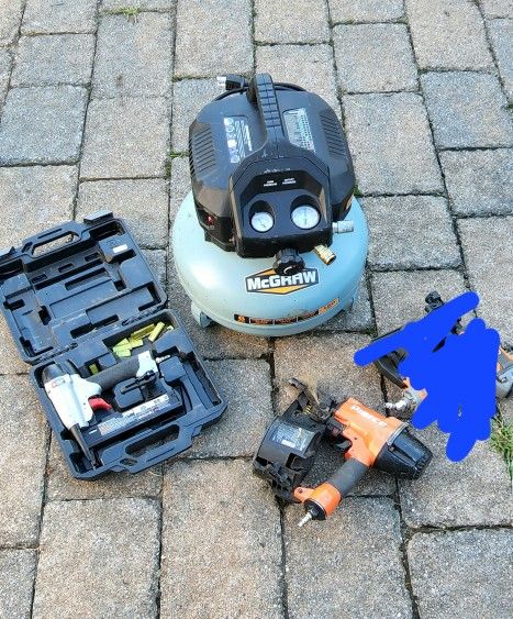Air Compressor, Pierce Siding Gun, & Porter Cable Narrow Crown Stapler