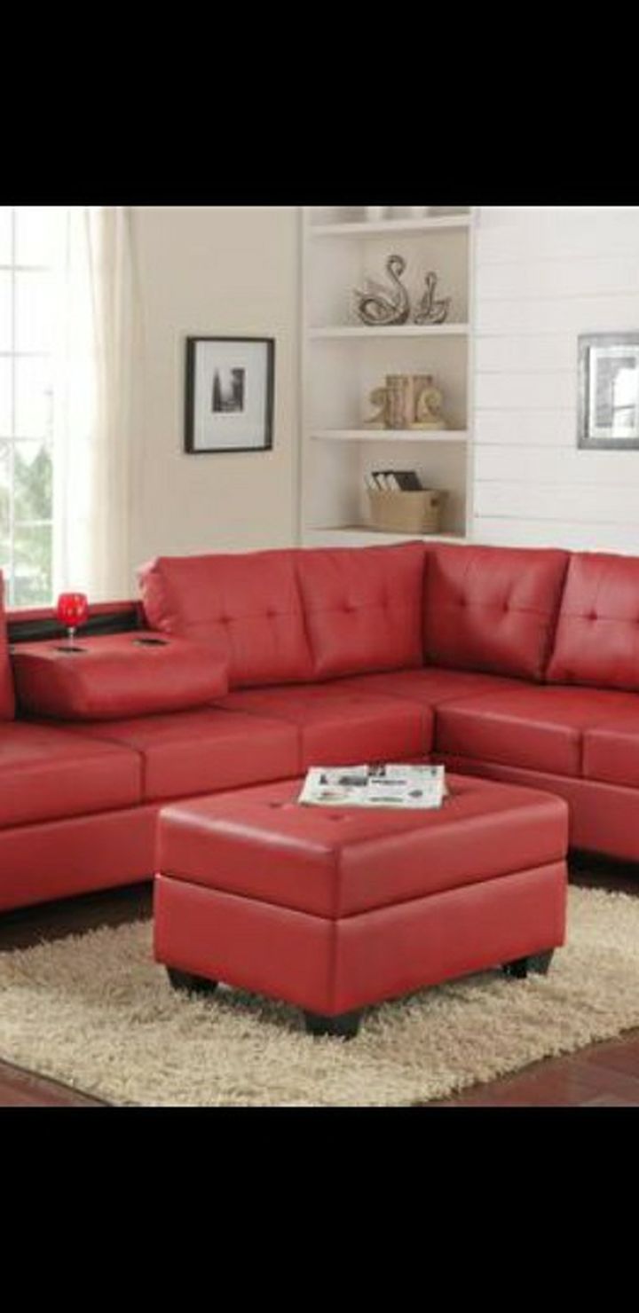 Heights Red Faux Leather Reversible Sectional with Storage Ottoman