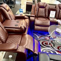 3pcs Brown Leatherette Reclining Living Room Set With LED Light