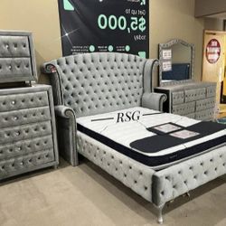 $10 Down Payment Finance 🕵🏼‍♀️New Alzire Gray 5 Piece Queen Velvet Bedroom Set 