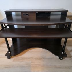 Office Desk Computer Cart Desk on Wheels with Keyboard Tray and 4-USB ports, Dark Brown