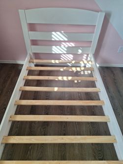 White Wood Twin Bed Frame with Slats