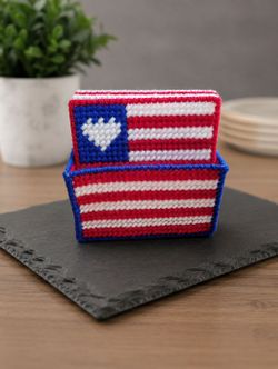 Patriotic Plastic Canvas Coasters Set of 4 - Handmade American Flag Drink Mats with Holder
