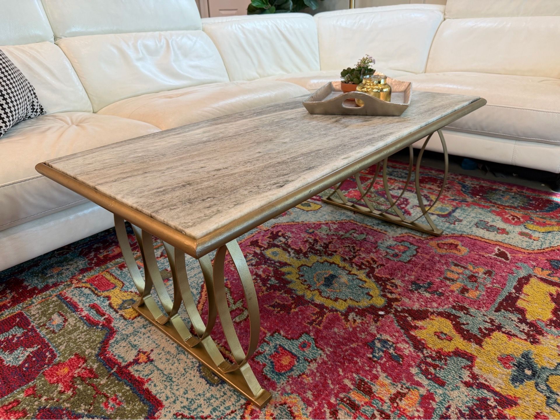 Luxury Marble Stone Coffee Table – Gold Sculptural Base 47”x22”x18” 📍Chandler