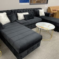 Black Velvet Living Room Sectional - Delivery And Financing Available 