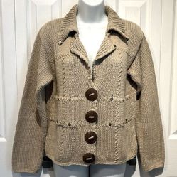 PURE Handknit Cotton Button Up Tan Cardigan Sweater Size S/M