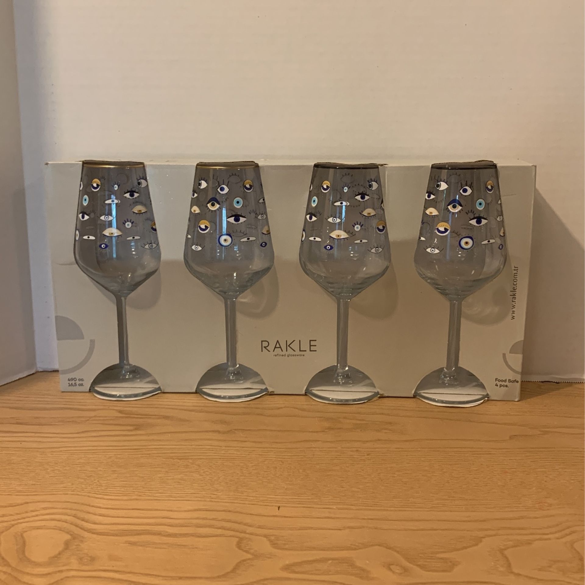 Anthropologie Rakle Evil Eye Stem Wine Glass Set of 4 - New 9 Inches B24