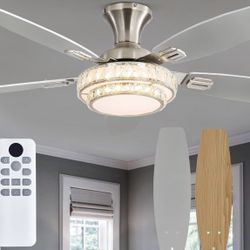 Ceiling Fans with Lights-Crystal Ceiling Fan,52" Low Profile Ceiling Fan and Remote Control, Flush Mount, Reversible, 3CCT, Dimmable, Noiseless, Brush
