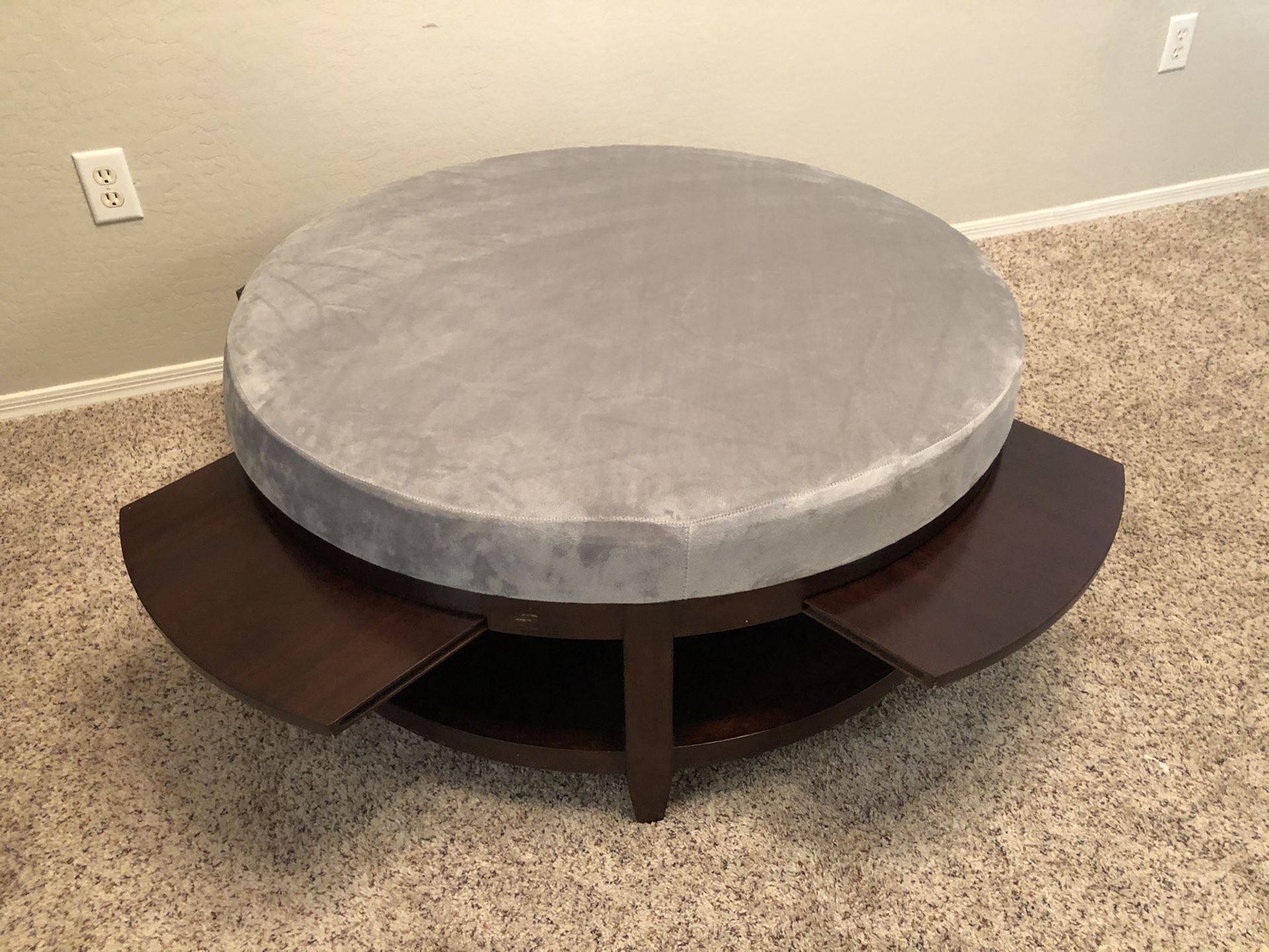 Gorgeous HEAVY Grey Wood storage ottoman coffee table with 4 pull out serving trays and brand new grey velvet upholstery