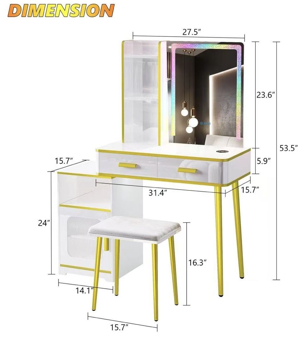 😀 Vanity Desk with Mirror and Lights: Modern Makeup Vanity Set with 3 in 1 Charging Station for Bedroom, Large Storage Vanity Table with Drawers