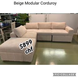 Beige corduroy modular living room sectional sofa with ottoman 