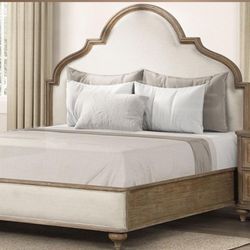 King Size Bed - Rustic Chic Bedroom - Beige Wood & Fabric Headboard