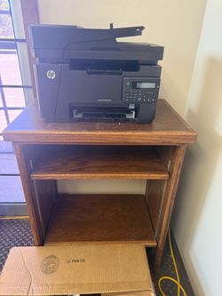 HP Printer along with wooden office shelf and box of files
