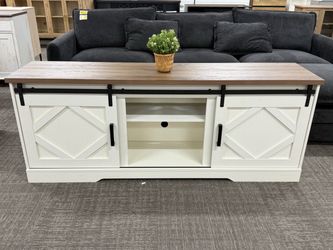 Farmhouse Style TV Stand for 55-65 inch TV w/Distressed Wood Finish, TV Cabinet with Cable Management, Sliding Barn Door, Adjustable Media Shelf, Hidd