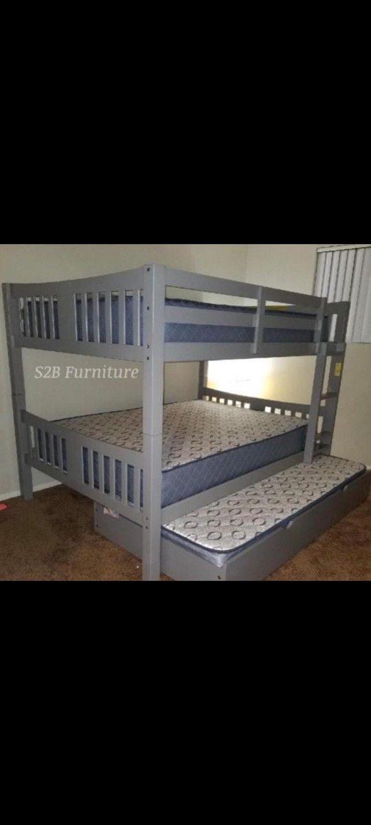 Full/full/twin Size Grey Bunkbed With Orthopedic Mattress