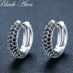 Exquisite Micro Pave 14K White Gold-Plated Black Cubic Zirconia 16mm Men Women Huggie Hoop Earrings 