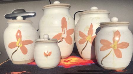 (Rare Find!)  Vintage 5 Multi-piece canister set each with a matching lidded top.