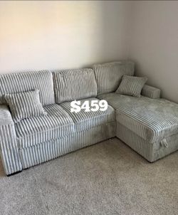 Stylish‼️2-Pc Light Gray Corduroy Sectional Sofa With Storage, Pullout Bed, & USB Port