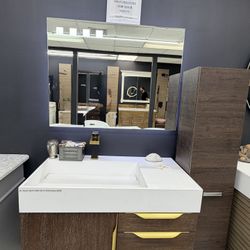 36” Solid Wood Floating Bathroom Vanity w/ Composite Stone Infinity Sink