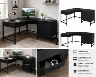Brand New Black L-Shaped Corner Desk with Storage Cabinet – Home Office & Gaming Desk