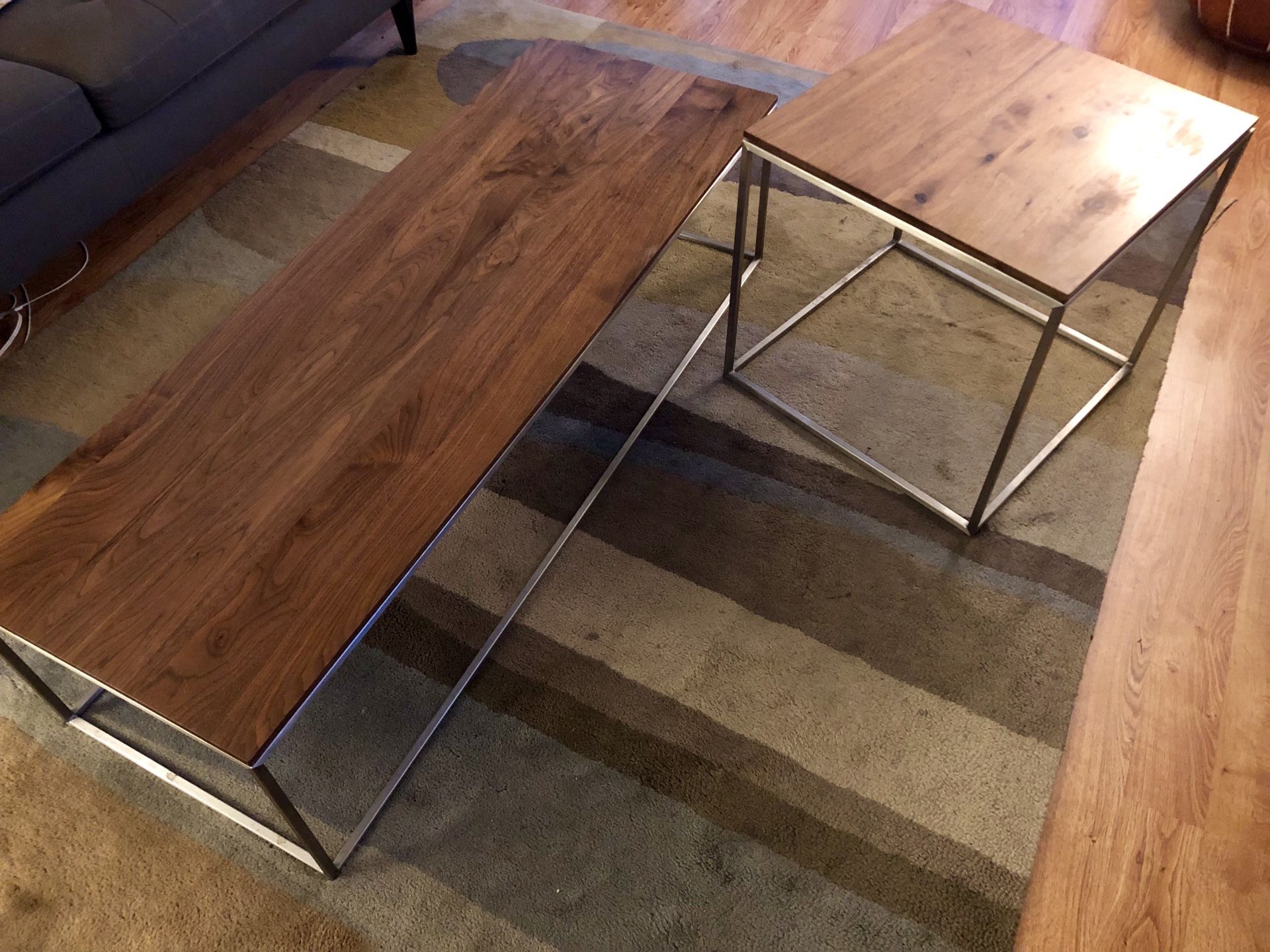 Crate & Barrel modern walnut coffee and end tables