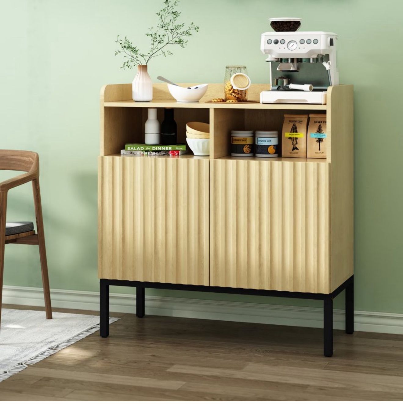 Fluted Wood Storage Cabinet – Modern Design, Open Shelves + Door Storage