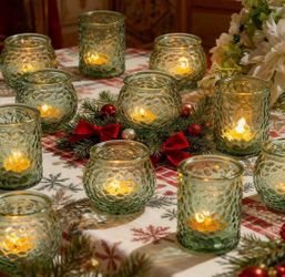 New in box 24-Piece Green Glass Votive Candle Holders Set – Tealight Candle Holder Glass Bulk with 12 Round & 12 Hammered Textured Cups, Green Votive