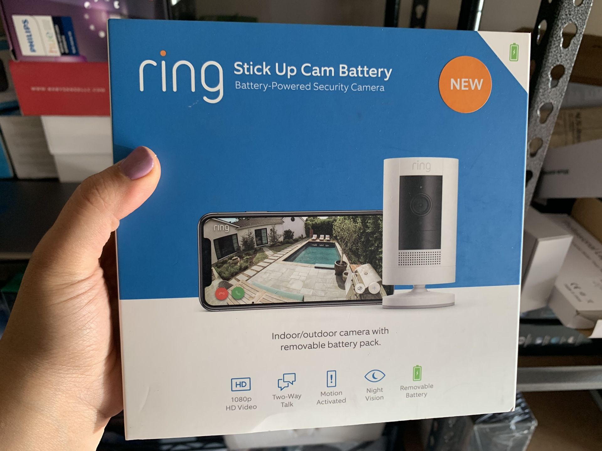 Ring Stick Up Cam Battery HD security camera with two-way talk, Works with Alexa - White