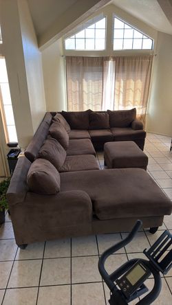 Brown Corduroy Sectional Sofa with Ottoman
