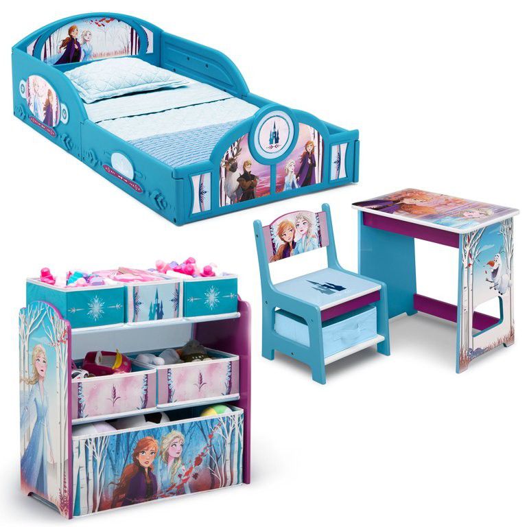 Disney Frozen II 4-Piece Room-in-a-Box Bedroom Set by Delta Children - Includes Sleep & Play Toddler Bed, 6 Bin Design & Store Toy Organizer and Desk 
